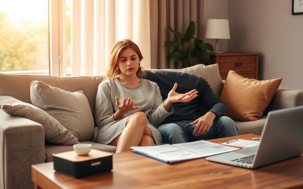 A Cozy Living Room In Soft Tones, With A Couple Sitting On A Plush Sofa, Deep In Conversation. The Woman Gestures Expressively, While The Man Listens Intently. Warm Sunlight Filters Through The Window, Casting A Gentle Glow. On The Coffee Table, A Laptop And Documents Suggest The Topic Of Discussion - The Legal Implications Of Their Unmarried Status. A Sense Of Contemplation And Uncertainty Hangs In The Air, As They Navigate The Complexities Of Property Rights Without The Traditional Framework Of Marriage.