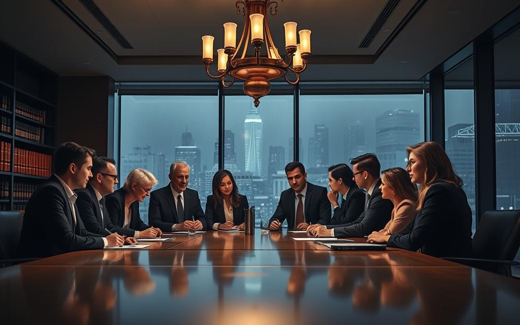 A Dimly Lit Office Space, With A Large Conference Table In The Foreground. Lawyers And Policy Experts Gathered Around, Engaged In Animated Discussion, Their Faces Illuminated By The Soft Glow Of A Overhead Chandelier. In The Background, Shelves Filled With Legal Volumes And A Large Window Overlooking A Bustling Cityscape. The Atmosphere Is One Of Professional Collaboration And Thoughtful Deliberation, As The Team Navigates The Intricate Details Of Workplace Policies And Procedures.
