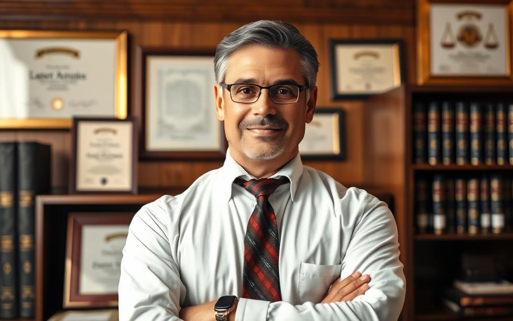 A Professional, Experienced Labor Lawyer Confidently Stands In Their Office, Surrounded By Law Books And Certificates Of Expertise. The Lighting Is Warm And Inviting, With A Subtle Depth Of Field That Focuses The Viewer'S Attention On The Lawyer'S Authoritative Presence. The Composition Features The Lawyer In The Foreground, With The Office Environment Providing A Sense Of Context And Professionalism. The Lawyer'S Expression Conveys A Combination Of Expertise, Approachability, And A Willingness To Provide The Best Possible Legal Counsel. The Overall Atmosphere Evokes A Sense Of Trust, Competence, And The Ability To Handle Even The Most Complex Labor Law Issues Effectively.