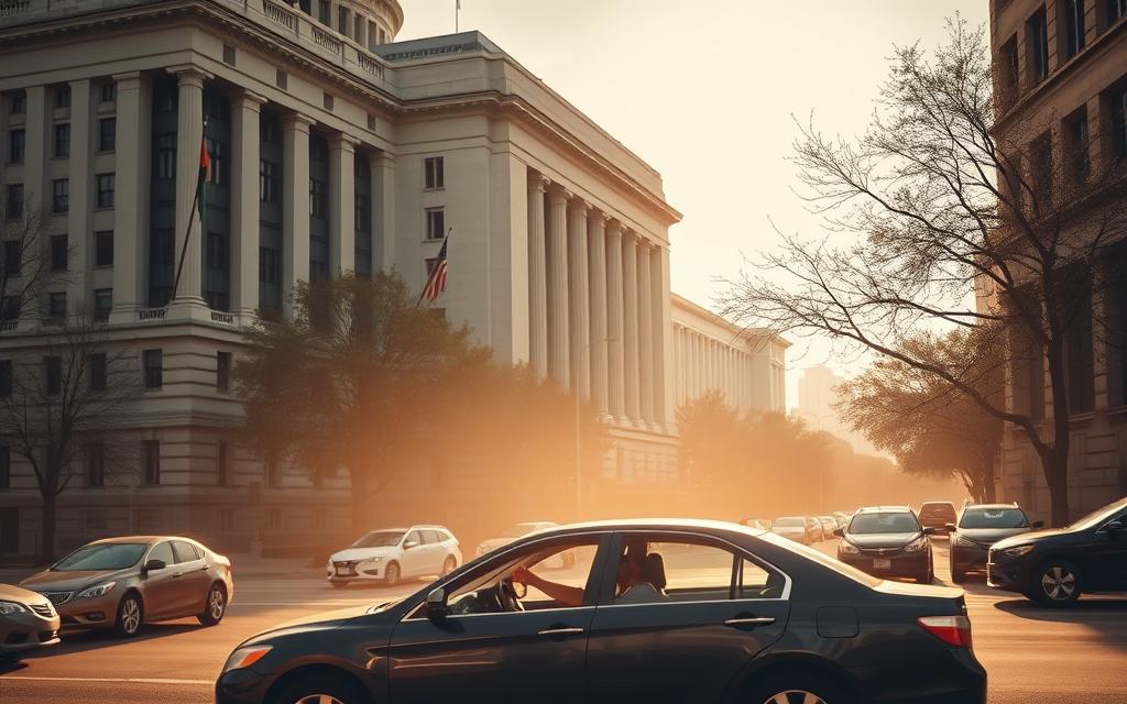 A Stately Federal Building Stands Tall, Its Grand Architecture Casting Long Shadows On The Bustling Streets Below. In The Foreground, A Sedan Navigates The Urban Landscape, Its Driver Barefoot Behind The Wheel. The Scene Juxtaposes The Ordered, Regulated World Of Federal Traffic Laws With The Individual'S Choice To Drive Without Proper Footwear, Highlighting The Nuances And Potential Conflicts Between State And National Driving Codes. A Hazy, Golden Light Suffuses The Image, Creating A Sense Of Contemplation And The Weight Of Legal Interpretation. The Composition Emphasizes The Contrast Between The Formality Of Government And The Personal Freedom Of The Driver, Inviting The Viewer To Ponder The Boundaries Of Acceptable Behavior On The Nation'S Roadways.