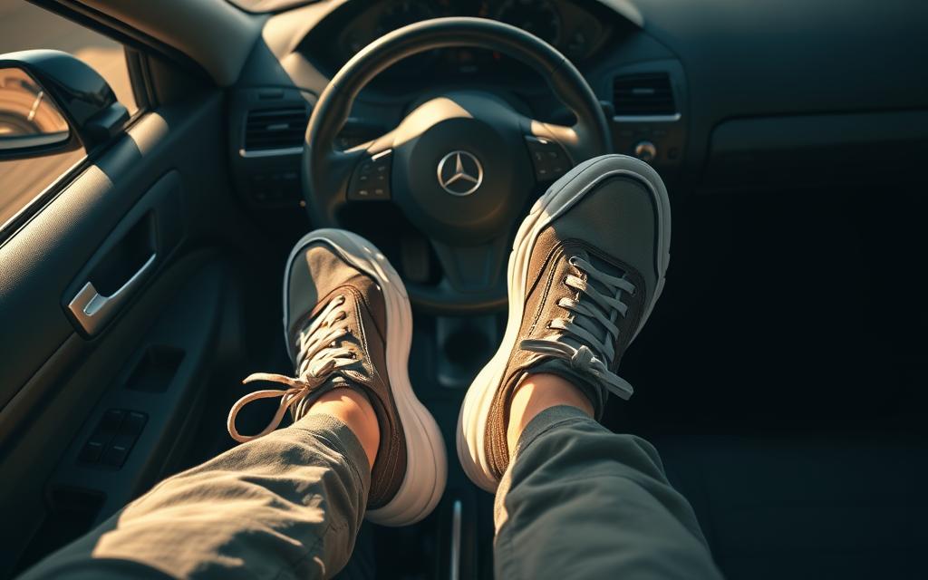 A Well-Lit, High-Angle Shot Of A Person'S Feet Operating The Pedals Of A Car. The Foreground Shows The Person'S Feet Wearing Comfortable, Flexible Shoes With Good Grip, Such As Athletic Sneakers. The Middle Ground Captures The Car'S Dashboard And Steering Wheel, Conveying A Sense Of Control And Coordination. The Background Features The Interior Of The Car, With The Windshield Providing A Clear View Of The Road Ahead. The Scene Is Bathed In A Warm, Natural Lighting, Creating A Sense Of Safety And Responsible Driving. The Overall Atmosphere Exudes Professionalism, Attention To Detail, And A Focus On Proper Footwear For Optimal Vehicle Operation.