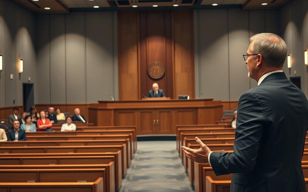 A Modern Courtroom With Muted Tones, Illuminated By Soft Overhead Lighting. In The Foreground, A Lawyer Stands At A Podium, Hands Gesturing As They Present Their Case. Behind Them, A Judge'S Bench Takes Center Stage, With A Stern-Faced Jurist Presiding Over The Proceedings. In The Background, Rows Of Wooden Benches Are Occupied By Observers, Their Expressions Conveying Rapt Attention. The Atmosphere Is One Of Solemn Professionalism, Reflecting The Gravity Of A Malpractice Claim Case Being Meticulously Navigated Through Legal Procedures.