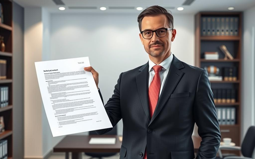 A Professional, Serious-Looking Lawyer Standing Confidently, Wearing A Sharp Suit And Tie, Gesturing With A Hand Towards A Detailed Medical Document Or Contract. The Background Features A Sleek, Modern Law Office With Bookshelves, A Desk, And Subtle Lighting That Creates A Sense Of Authority And Expertise. The Overall Atmosphere Conveys The Lawyer'S Ability To Skillfully Navigate The Complexities Of Medical Malpractice Law And Protect The Rights Of Their Client.